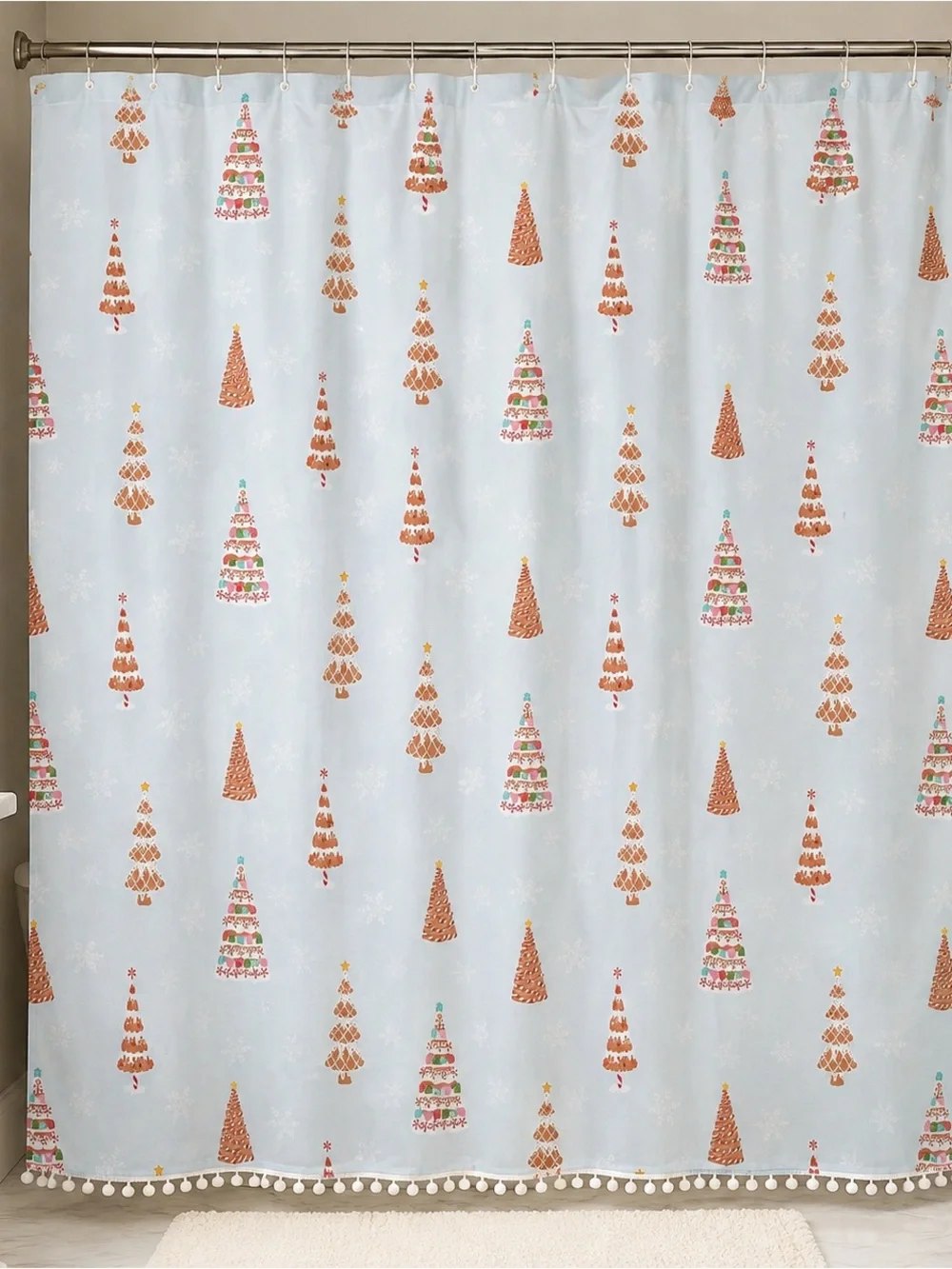 Cupcakes & Cashmere Blue Christmas Trees Fabric Shower Curtain Pom Poms 72x72